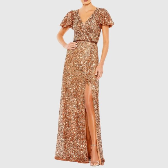 Mac Duggal Size 16 Copper Sequin Beaded V-Neck Short Sleeve Long Maxi Gown Dress - Picture 2 of 5